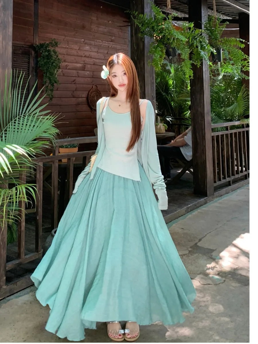 

plus Size Women's Summer New High Waist A-Line Skirt Tank Top Two-Piece Set Lazy Bohemian Style Fashion Commute Korean V...