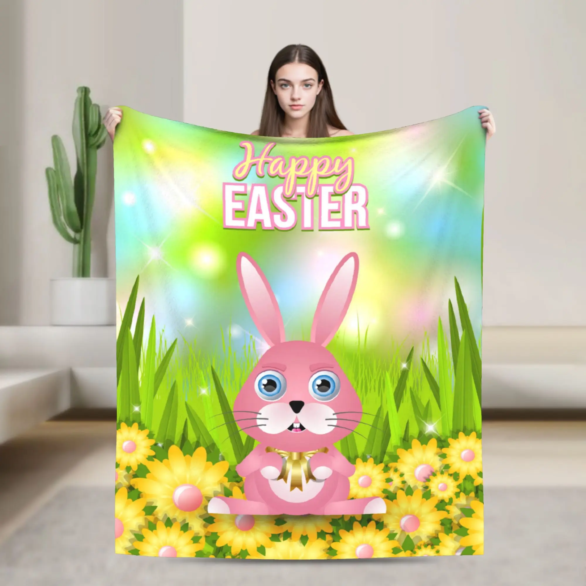 Cozy Bedding Throws Picnic Colorful Easter Card with Bunny Blankets  Flannel Bedspread For Couch Chair Fashion Sofa Bed Cover