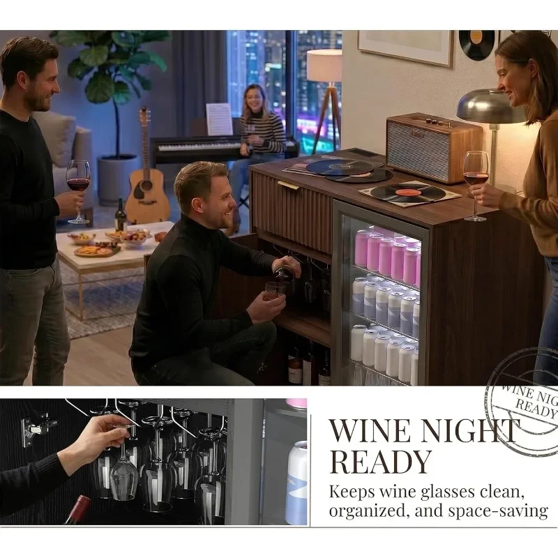 Mini Fridge Cabinet with Power Outlet, Coffee Bar Cabinet with Fridge Space & Wine Glass Rack,Fluted Buffet Sideboard with view 6