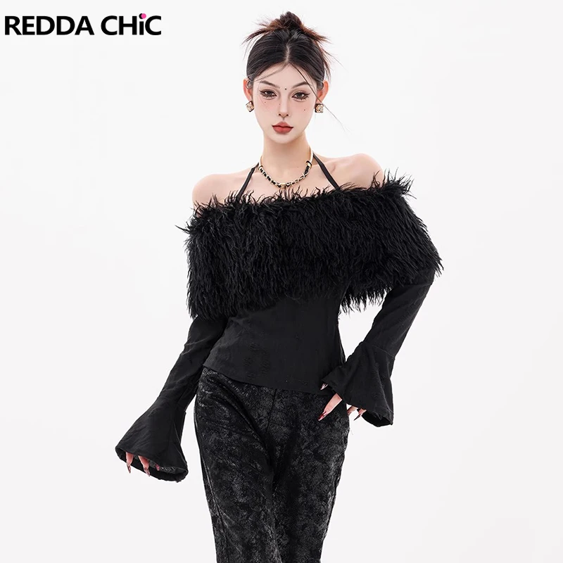 

REDDACHiC флисовый топ из шерпы с открытыми плечами, женский зимний топ из искусственного меха с рваными расклешенными рукавами, черная футболка в стиле ретро, уличная одежда в стиле гранж