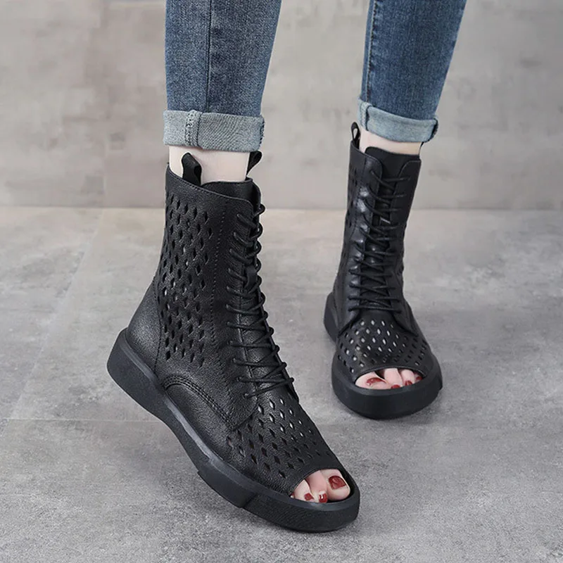 DRKANOL Summer Hollow Open Toe Cool Boots Women Genuine Leather Soft Soled Comfort Back Zipper Breathable Mid-Calf Flat Boots