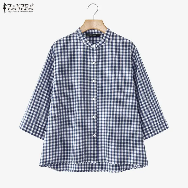 

Рубашка ZANZEA 2026 весна, в клетку, женская, элегантная, для офиса, с воротником-стойкой, рукавом 3/4, блузка, повседневная, на пуговицах, топ, туника, женская