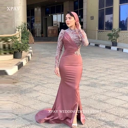 XPAY Modest Glitter Blush Pink Evening Dresses Dubai Arabic muslim Women Long Sleeves High Neck Satin Prom Formal Gowns Elegant