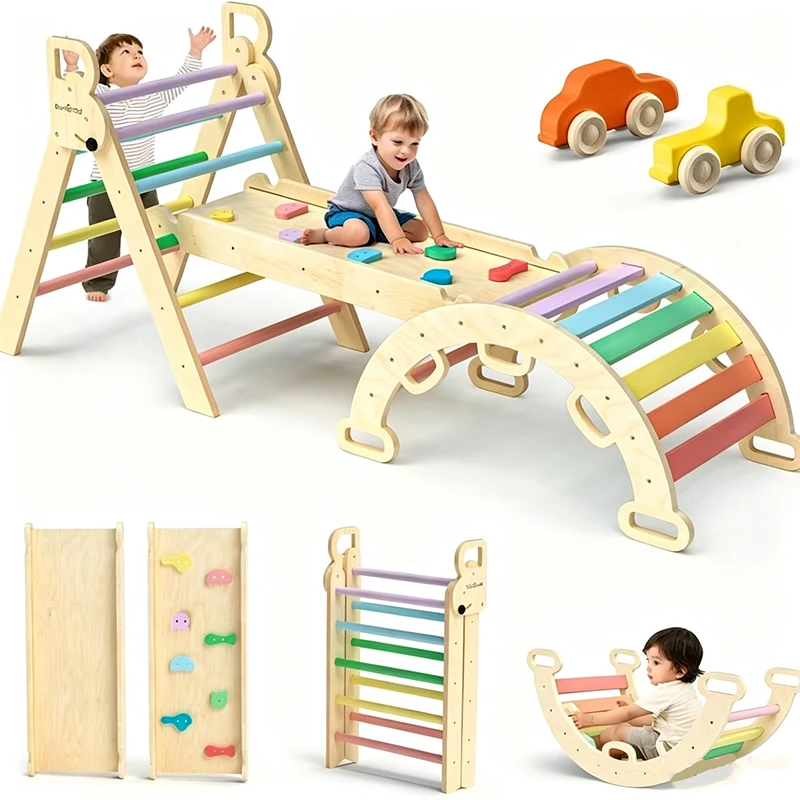 Foldable Wooden Kids Climbing Frame, Triangle Climbing Toy Set with Arch & Ramp, Indoor Baby Physical Training Play Equipment