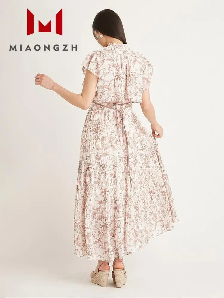 Vestido con pliegues de retazos estampados Vintage para mujer, manga corta, moda, volantes, Delgado, cintura alta, bata larga, vestidos de fiesta, ropa femenina