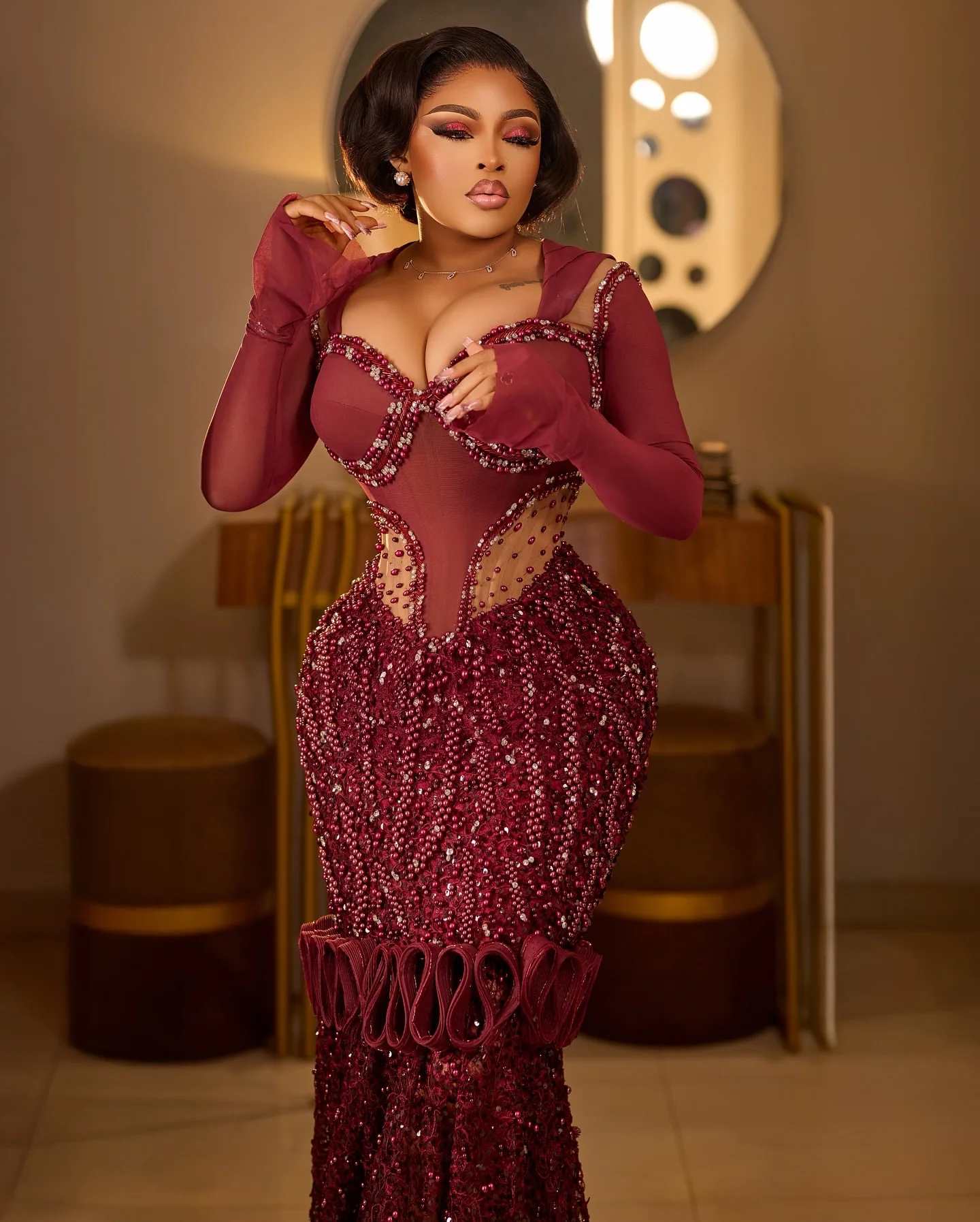 Bordeaux Zeemeermin 2025, Galajurken Parels Kristallen Lovertjes Volledige Mouwen Avond Formele Feest Verjaardag Jurken ZJ2656