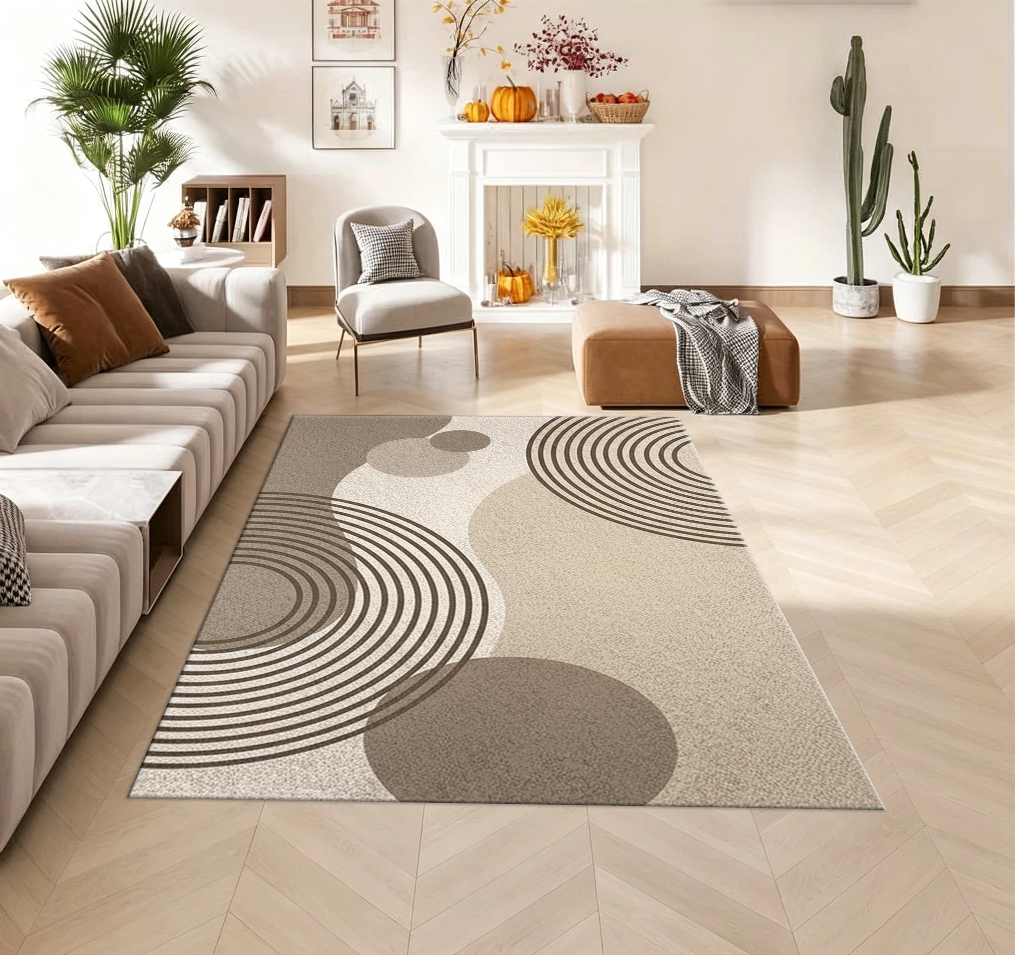 Mid-Century Geometric Circle Abstract Area Rug Carpet Flooring Neutral Tone Floor Mat for Living Room