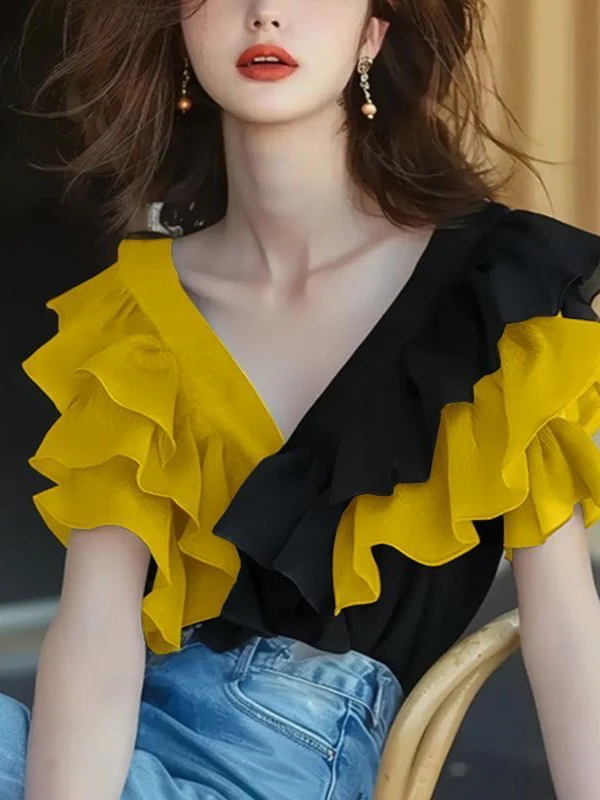 Chic V-Ne ort Sve irt Women's Summer Special Beautiful irt Lovely Small Top Polyester Material Commute Sle