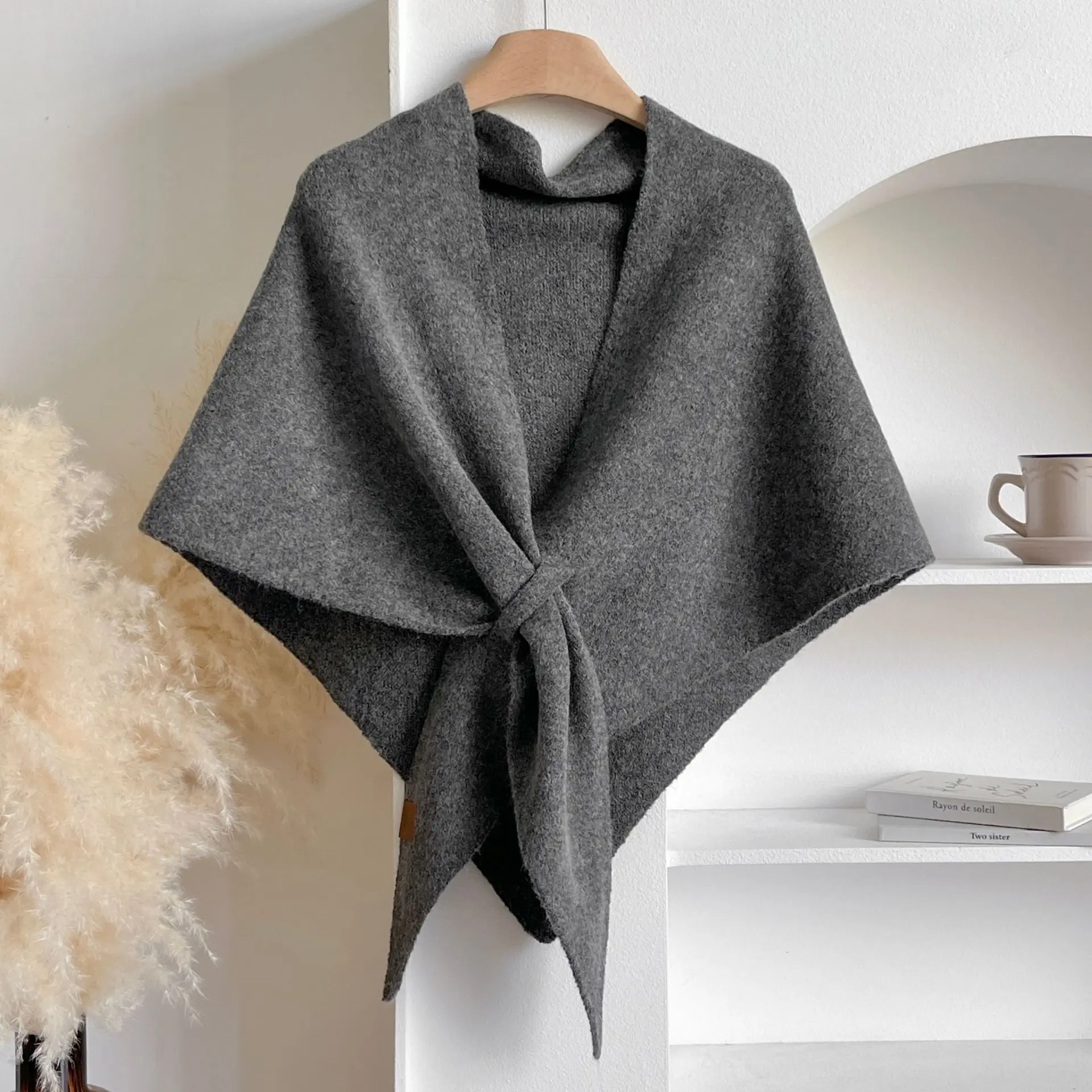 Womens Triangle Knitted Shawl Soft Warm Wrap Scarf Minimalist Solid Color Knit Cape Shoulder Poncho Fall Winter Elegant Cozy