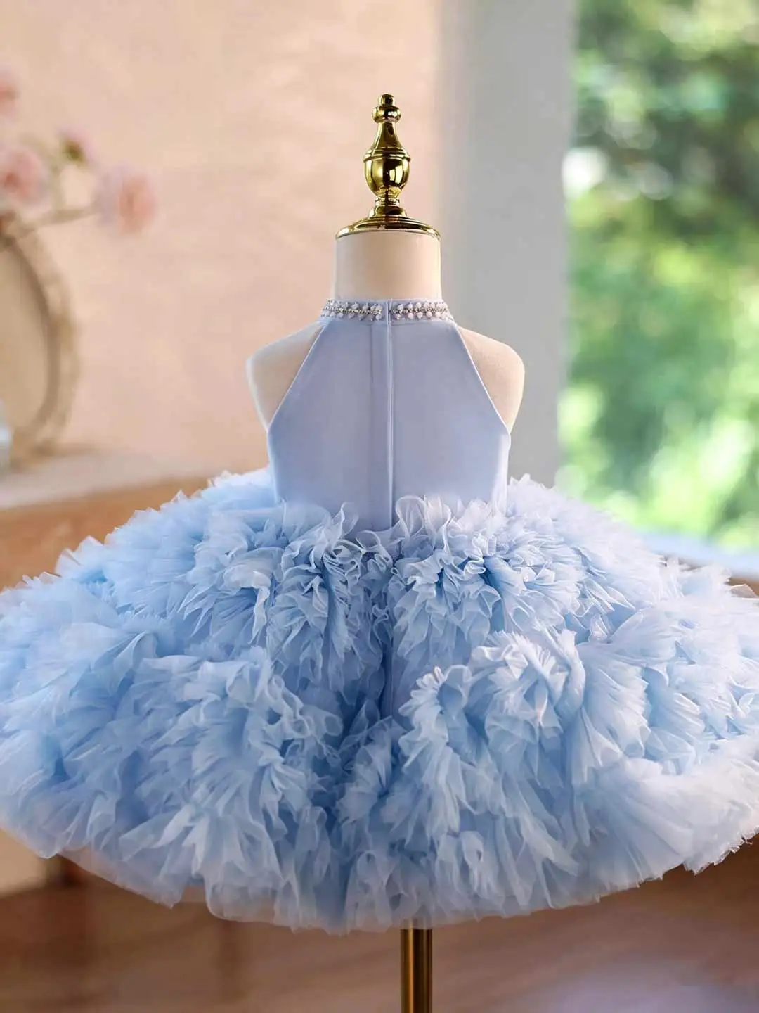 Dreamy Vow D010 Light Blue Halter Tutu Dress, Pearl Neckline, Voluminous Ruffle Tulle Princess Gown