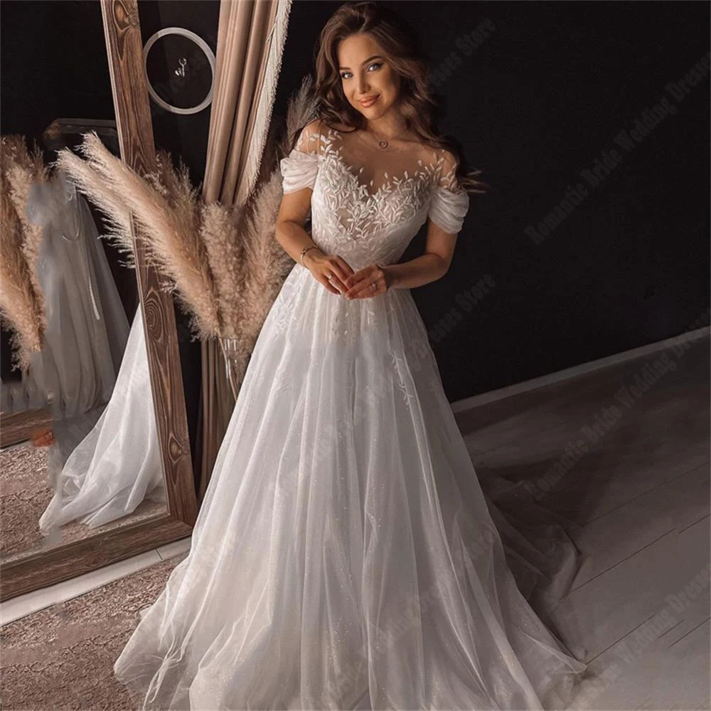 Populaire Off-Shoulder Trouwjurken Strapless Rugloze A-Line Galajurken Glanzende Tule Dweillengte Prinses Vestidos De Novia