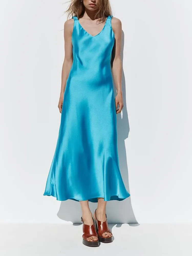 فستان نسائي أنيق من الساتان الحريري بدون أكمام من Spring New Arrival، فستان ميدي بخصر عالٍ ورقبة على شكل حرف V، قطعة واحدة