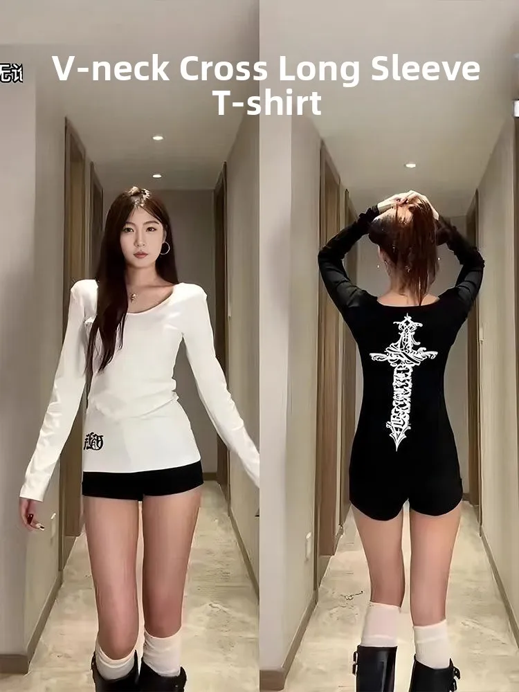 Slimming American Gothic Letter Long Sleeve T-Shirt Women's Winter Fleece Warm Base Layer Shirt Top V-neck Print Regular Fit