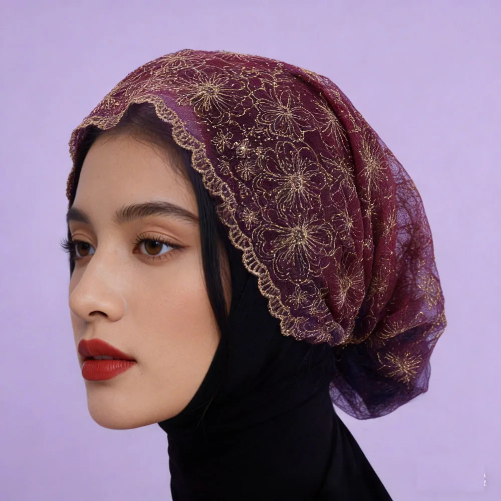 

Кружевной тюрбан, мусульманский хиджаб, женская шапочка-подшапочка, вышитая, для женщин с выпадением волос, головной убор, шапка-бини, повязка на голову, тюрбан для женщин