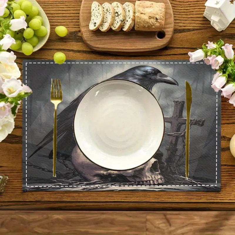 VIKAMA Gothic Raven Skull Halloween Placemat Spooky Dark Style Linen Table Mat Heat Resistant Holiday Dinner Table Decor