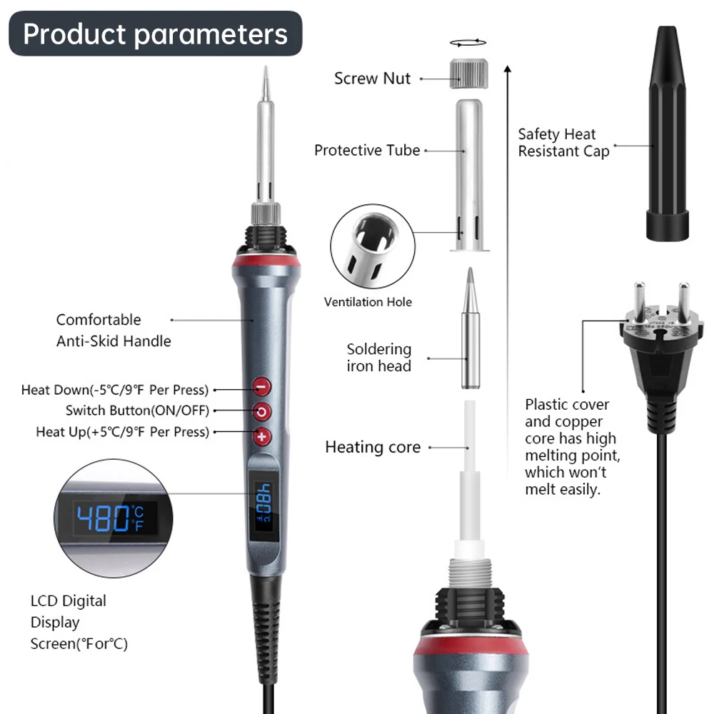 Imagem -05 - Kit Portátil Led Digital Welding Gun Ajuste de Temperatura Sono Automático Cerâmica Térmica Interna Ferro de Solda 90w