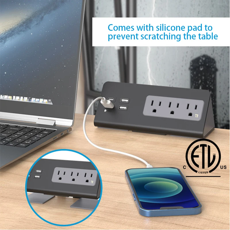 PD 20W Desk Clamp Power Strip US Plug 2m Extension Cord Nightstands Edges Outlet Socket with 3AC Outlets 4USB Torsional Fixation