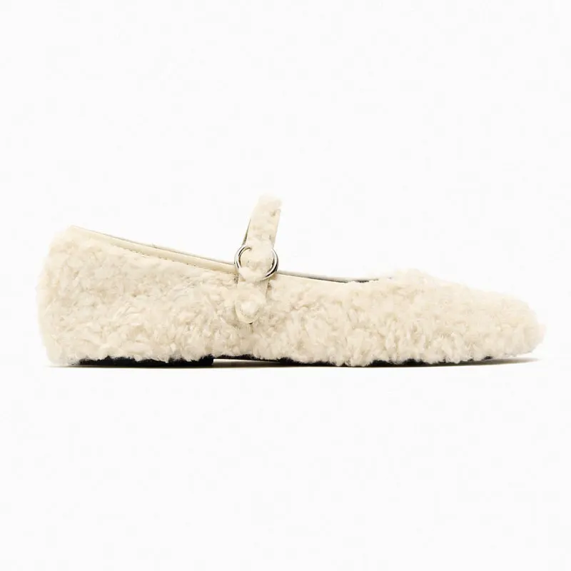 2023 Autumn Sweet White Mary Jane Shoes Shallow Mouth Fur Flat Shoes Lamb Wool Shoes With One-button Ballet Flats Shoe