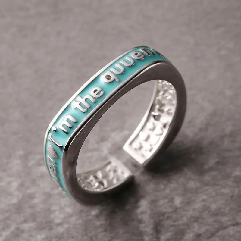 New Arrival Fashion Drop Glue Letter Love 925 Sterling Silver I'm The Quuen Personality Sweet Opening Rings  R046