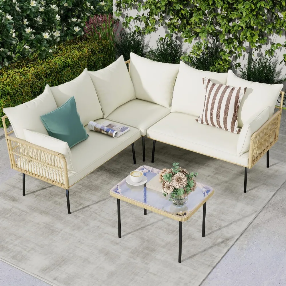 

4-Piece Boho Patio Set: Wicker Outdoor Sectional Sofa with Cloud Cushions - 5-Seater Conversation Set​