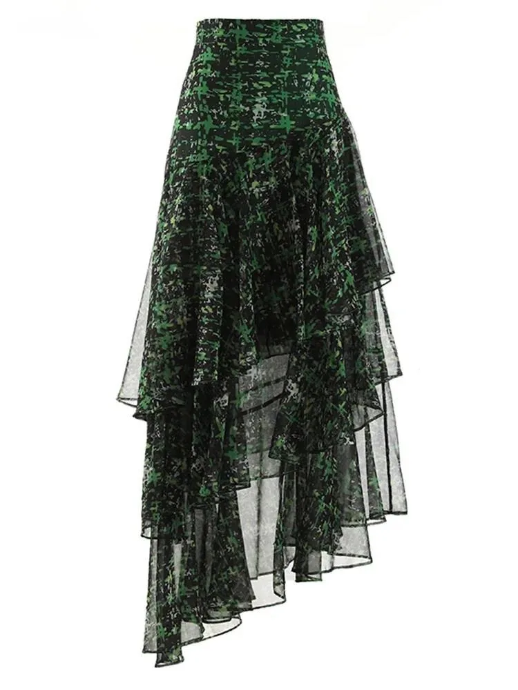 High Waist Green Print Zipper Irregular Mesh Holiday Half-body Skirt Women Fashion Tide New Spring Summer