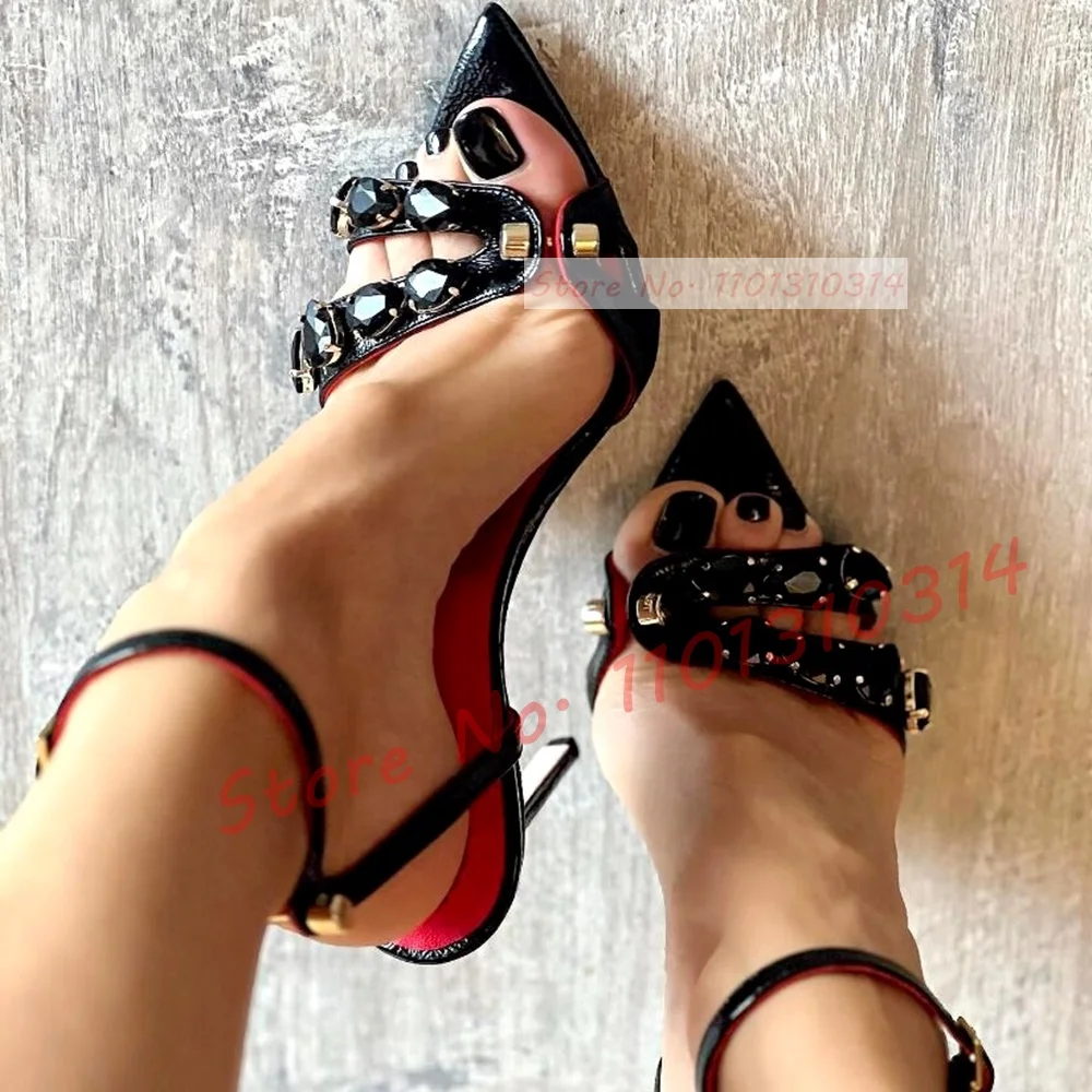 Gems Strap High Heels Sandals Women Luxury Metal Nails Detail Party Shoes Female Glossy Leather Casual Ankle Strap Evening Shoes