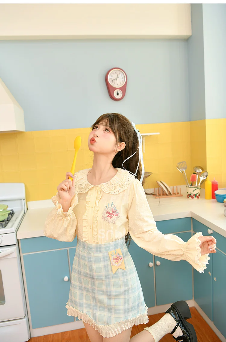 2025 Spring and Autumn New Sweet Girl Style Energetic Doll Collar Casual Shirt Blue Plaid Skirt Yellow Knitted Cardigan