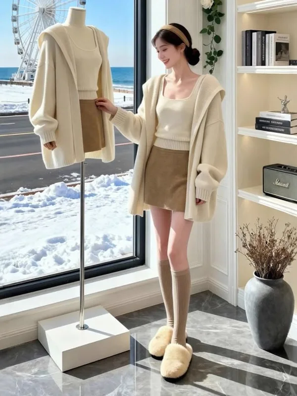 

Мягкий и красивый комплект из свитера, жилета, юбки и футболки. Весенний модный комплект из трех предметов. Удобный женский комплект во французском стиле.