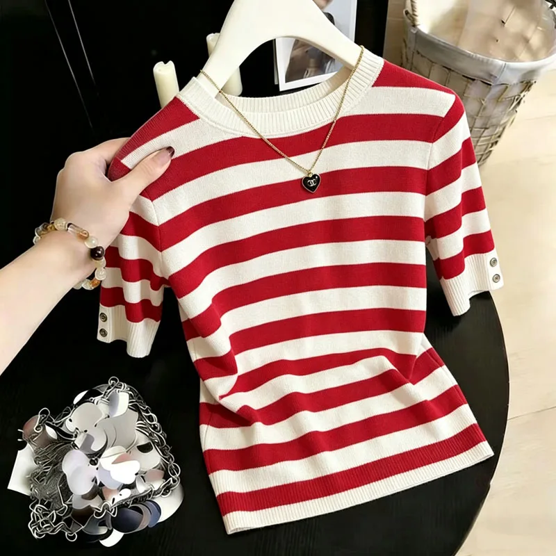 

Women Clothing O-Neck Knitted Sweater Women Pullovers Fashion Summer Short Sleeve Striped Knit Sweater Pullover Women Tops Q4303