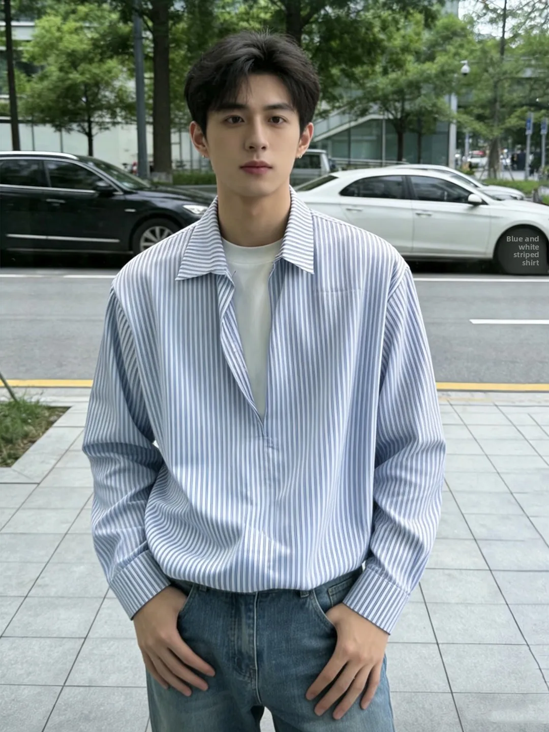 

Light Blue Men's Spring Summer Slim Fit Striped Patchwork Long Sve irt Fake Two-Piece Thin Outerwear Casual Sle V-Ne