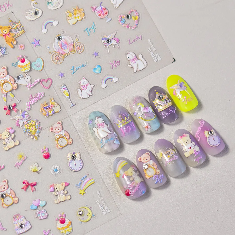 Schöne Kitty Fee Bär Einhorn Hase Katze Kuchen Party Stern Karussell Schwan Herz geprägt Reliefs Nail Art Aufkleber Maniküre Abziehbilder