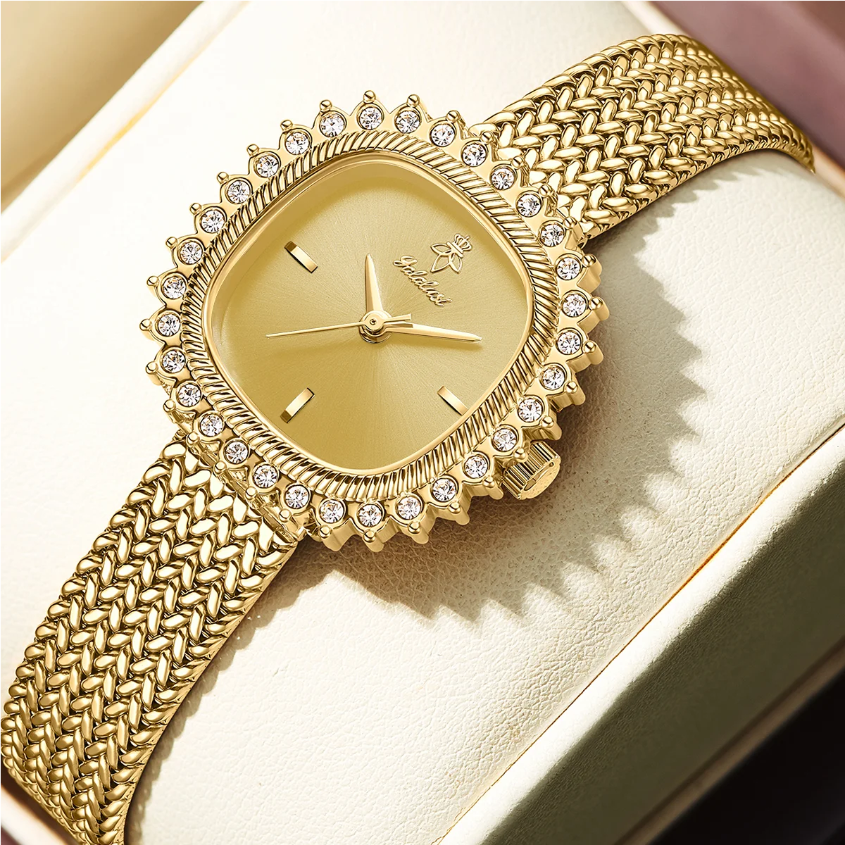 YaLaLuSi Fashionable, luxury sunflower-patterned bezel square ladies dress watch with a mesh metal strap and quartz movement