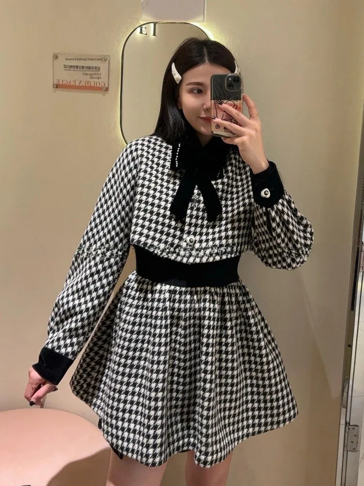 Setelan Mantel Rajut Motif Kotak-kotak Retro dengan Ikat Pinggang, Model Terbaru Musim Gugur, Busana Wanita, Kancing Depan Panjang