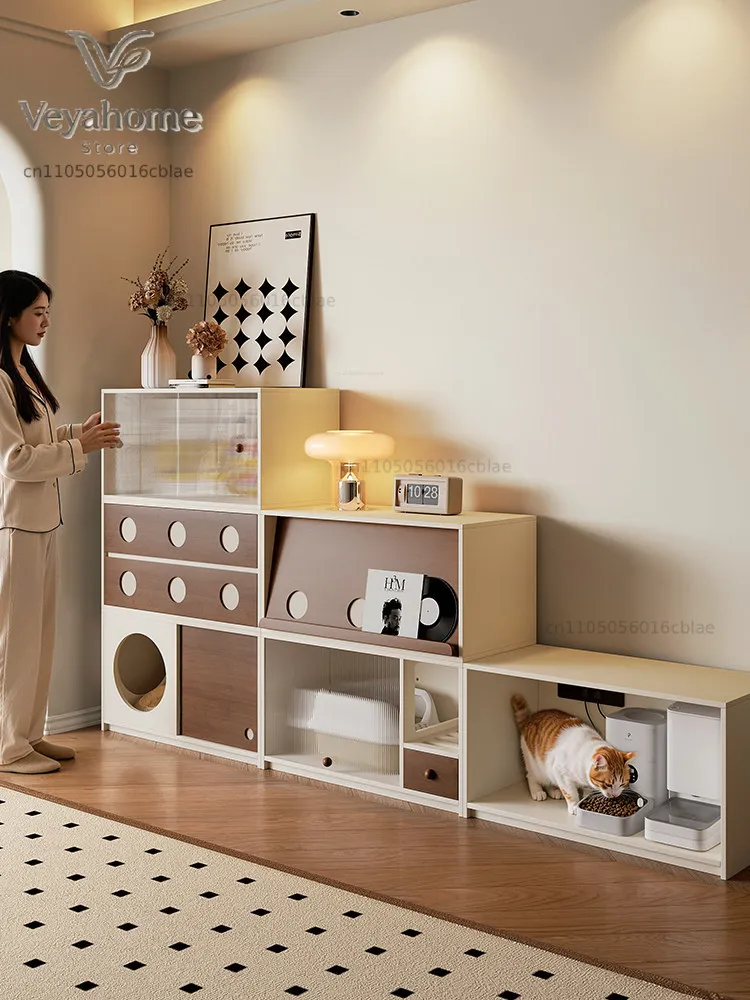 Solid wood cat nest cat litter cabinet integrated living room storage TV cabinet multi-functional human pet public combination