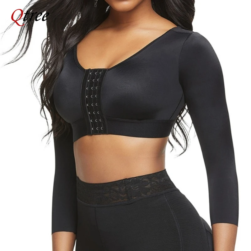 Qtree Women Compression Body Shaper Arm Slimming Vest Post Surgery Shapewear Seamless Waist Trainer Front Closure Push Up Bra