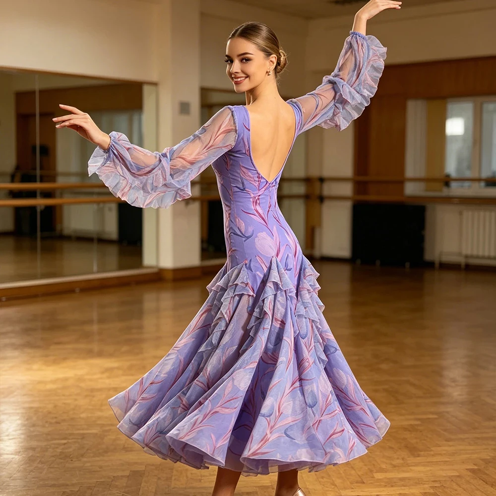 

Elegant Women's Purple Floral Modern Ballroom Dance Dress Long Flare Sleeve Waltz Modern Tango Competition Practice Dress