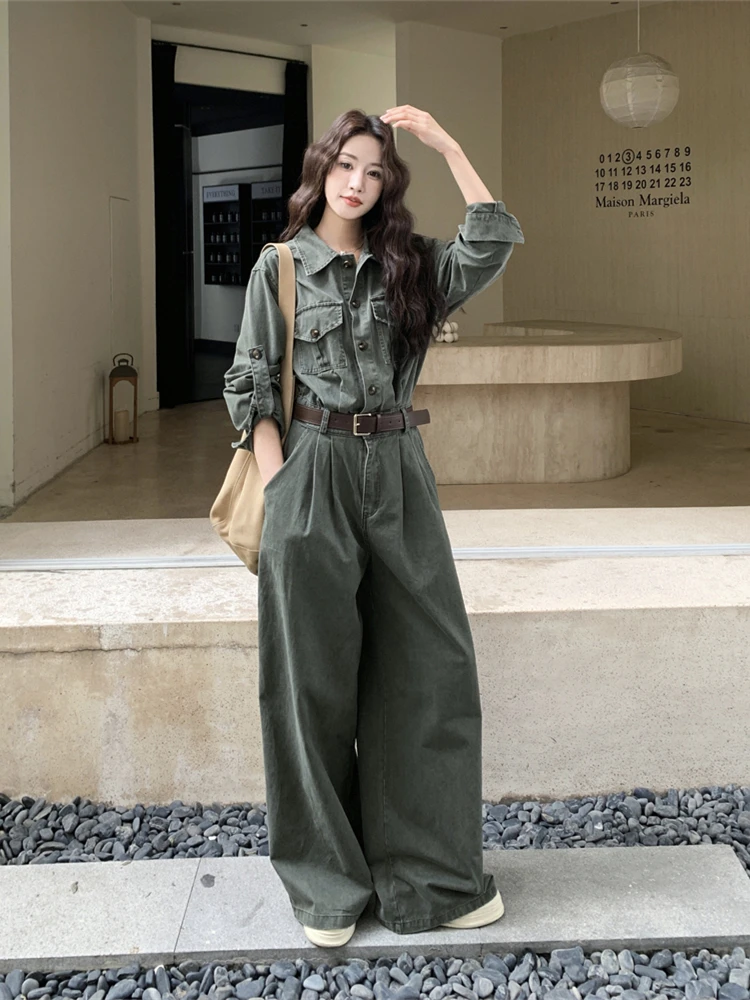 

Повседневные камуфляжные комбинезоны, женские весенне-осенние 2029, новые широкие брюки, длинные брюки с высокой талией, моющийся комбинезон