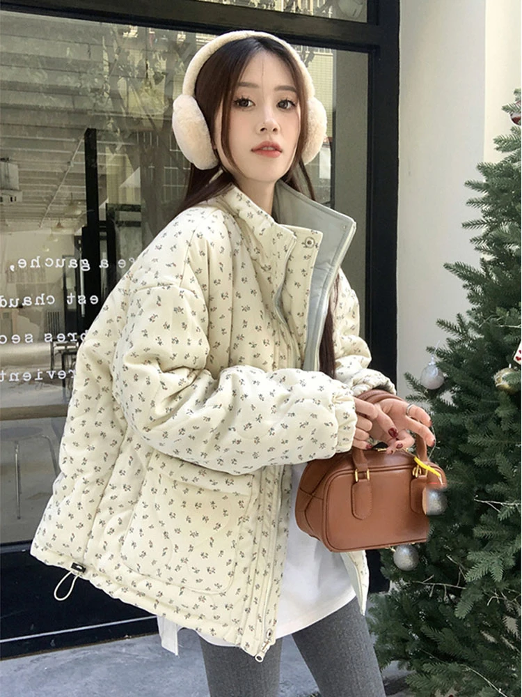 Thick Warm Floral Cotton Coat For Women Winter New Zipper Style Flower Pattern Wear Bread Coat Cotton Coat on Both Sides