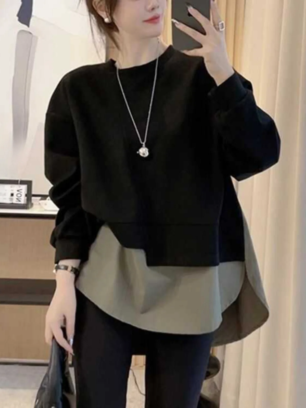 

Spring Autumn round Ne Sweatirt Women's Long Sve Color Blo Slimming Fake Two-Piece Trendy Top Casual Loose Fit