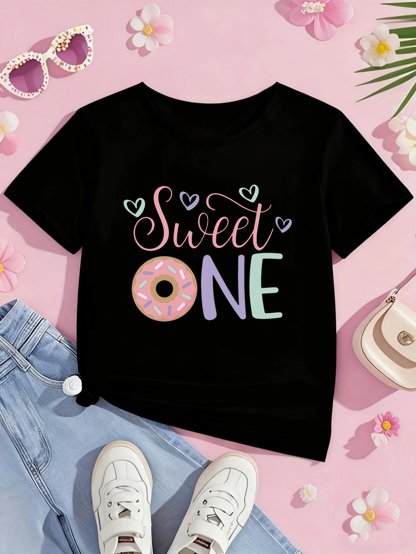 1st Birthday Sweet Donut Hearts Printed T-Shirt Girls Kawaii Kids Clothes Summer Short Sleeve T-Shirt