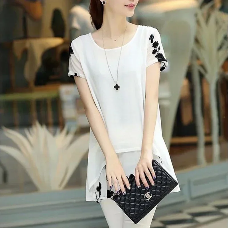 

Summer New Oversized Round Neck Printing Chiffon Shirt Ladies Loose Casual Short Sleeve Pullover Blouse Women's Long Blusa Tops