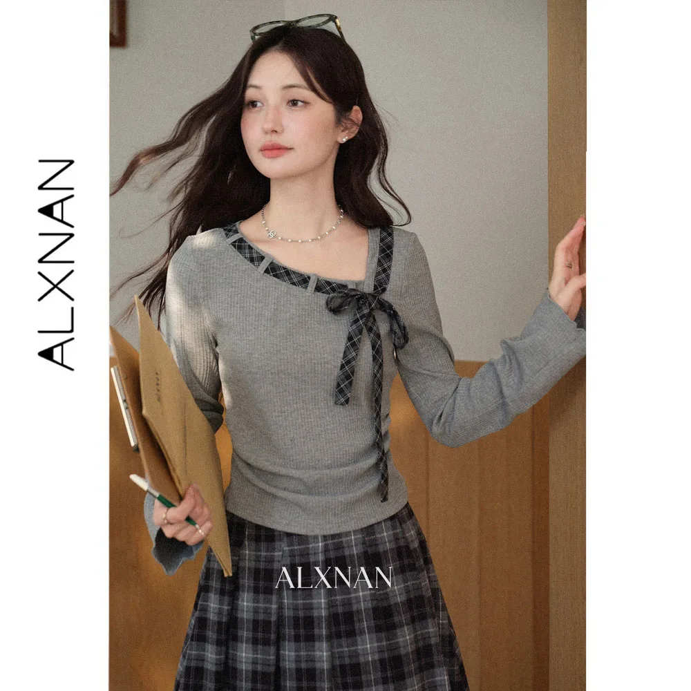 ALXNAN Grey Long Sleeve T-shirt Asymmetrical Neck Preppy Plaid Scarf Elegant Flare Sleeve Pullover Women Vintage Top L67885