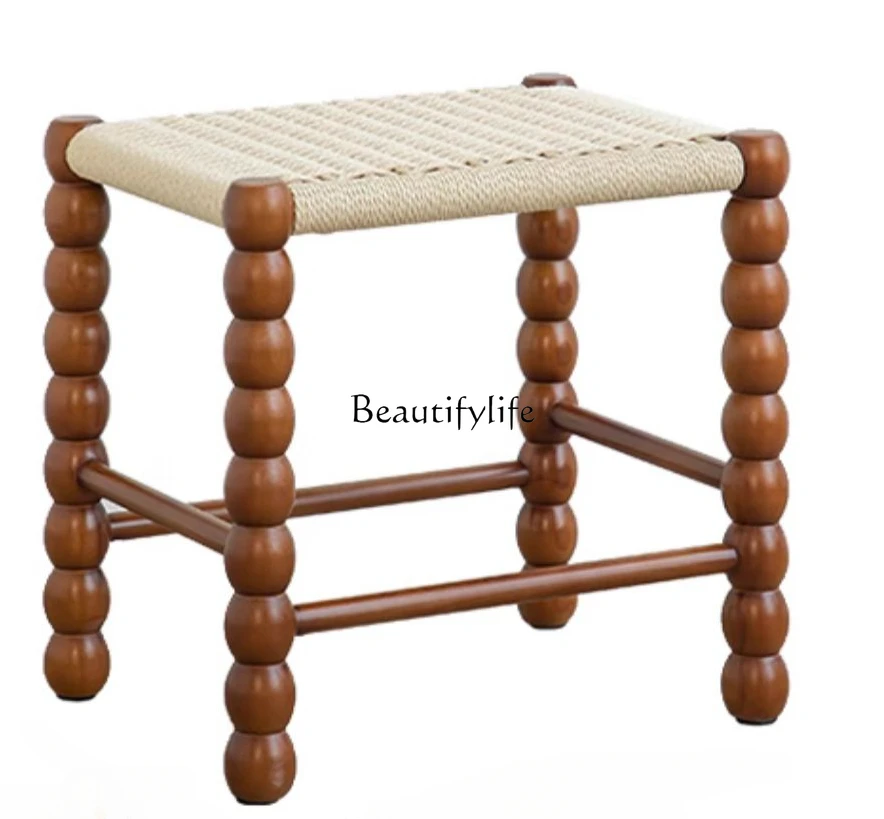 French Solid Wood Rope Woven Shoe Changing Stool Sofa Long Rattan Small Short Tea Table Side Table