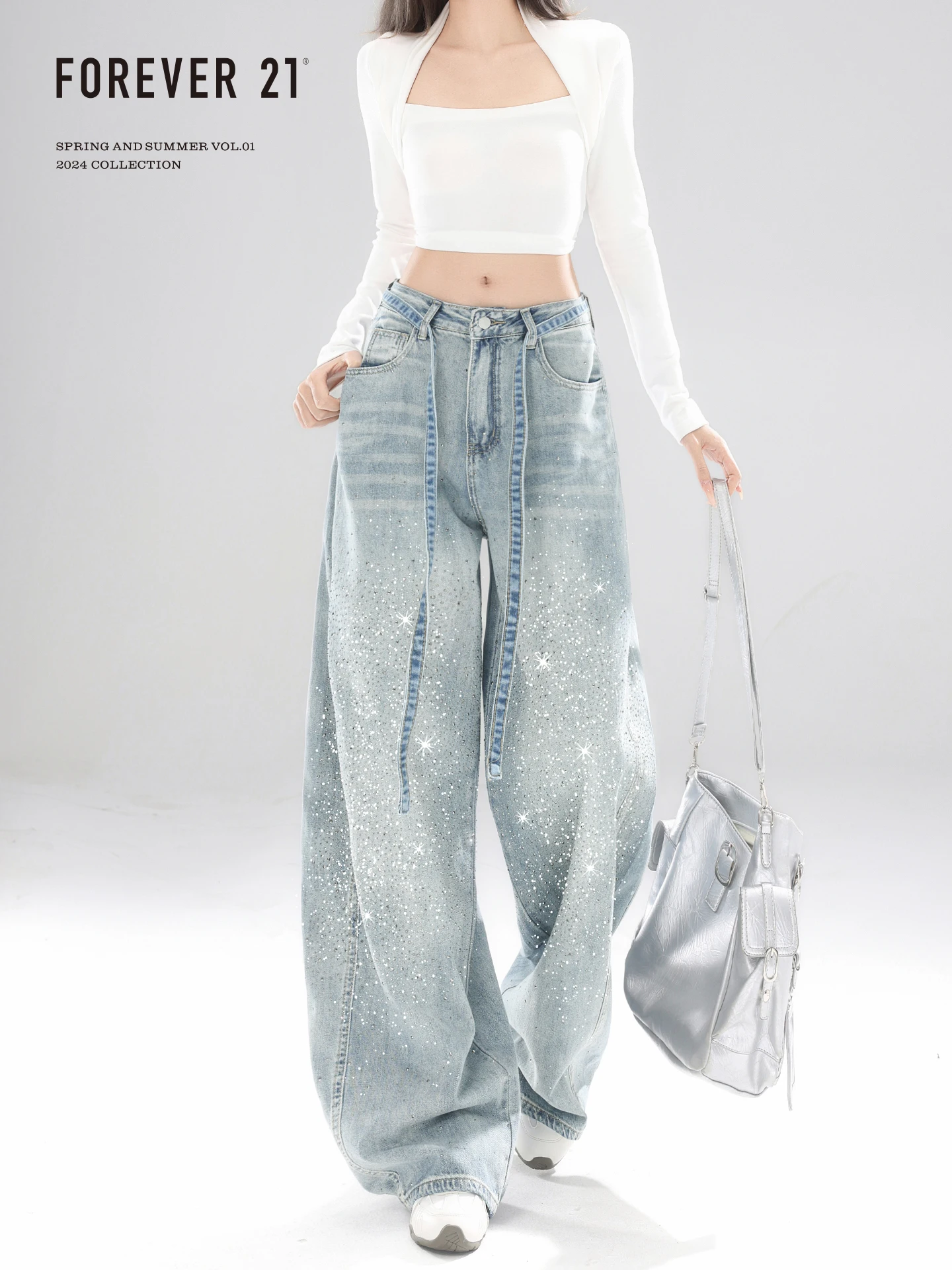 

Forever 21 New Loose Wide Leg Jeans Women's Design Sense Starry High Waist Knife Pants Light Blue Denim Casual Summer Jeans