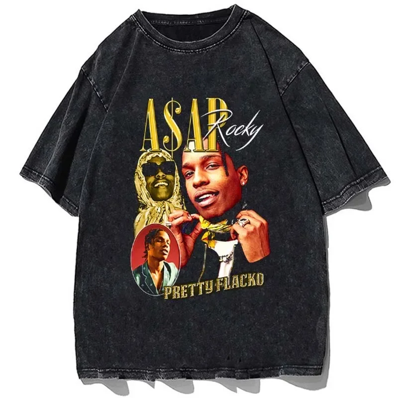 Streetwear Asap Rocky Graphic Print Men Washed T-Shirt Fashion Vintage Punk Hip Hop Short Sleeve T Shirt Summer Cotton Tees wear