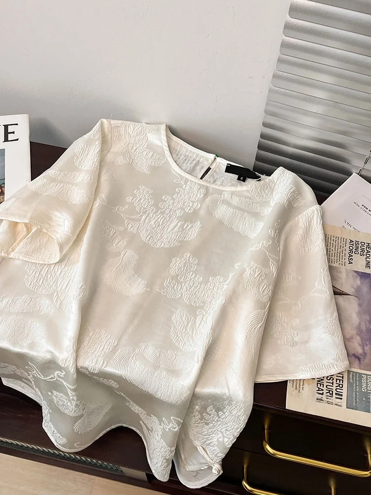 Nuovo cinese Sle ricamo pesante Bla ort Sve T-shirt da donna estiva allentata sensazione di fascia alta pulsante vento nazionale Acet...