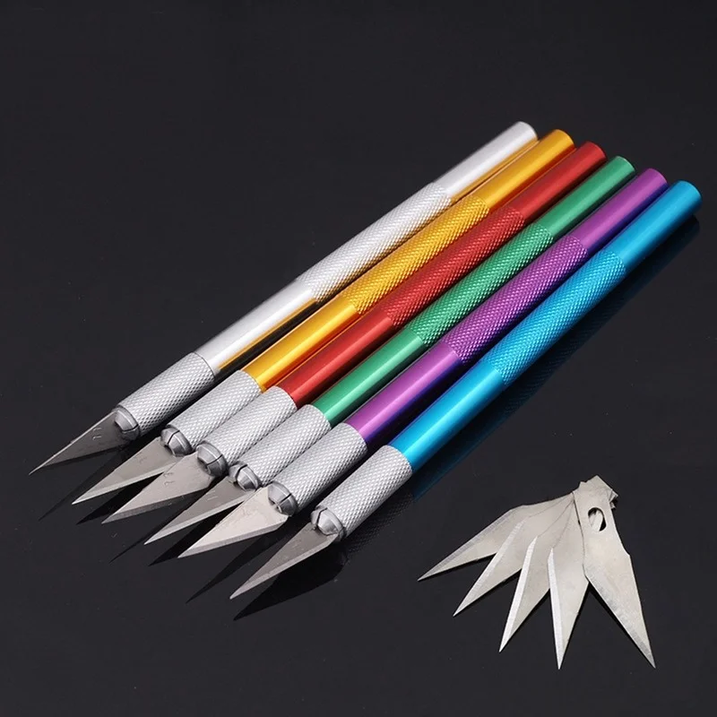 1PC 6 Colors Metal Handle Non-Slip Knife With 6Pcs Blade Scalpel Engraving Cutter Sculpture Carving Knife Pastry Cake Tools