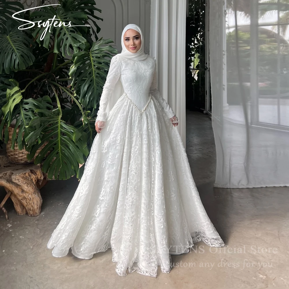 

SSYTENS Luxury Wedding Dresses High Neck Long Sleeves A Line Bridal Gowns Full Lace Mulism Classy Lined Bride Gowns Customized