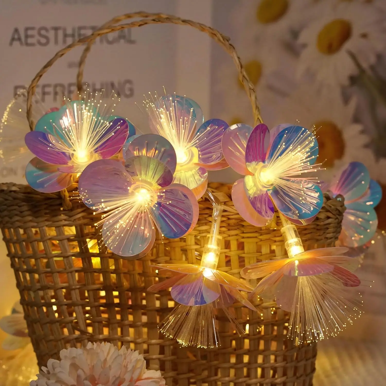 6m 40 LED Fiber Optic Flower String Light Iridescent Battery Fairy Light Floral Garland Bedroom Room Party Christmas Decoration