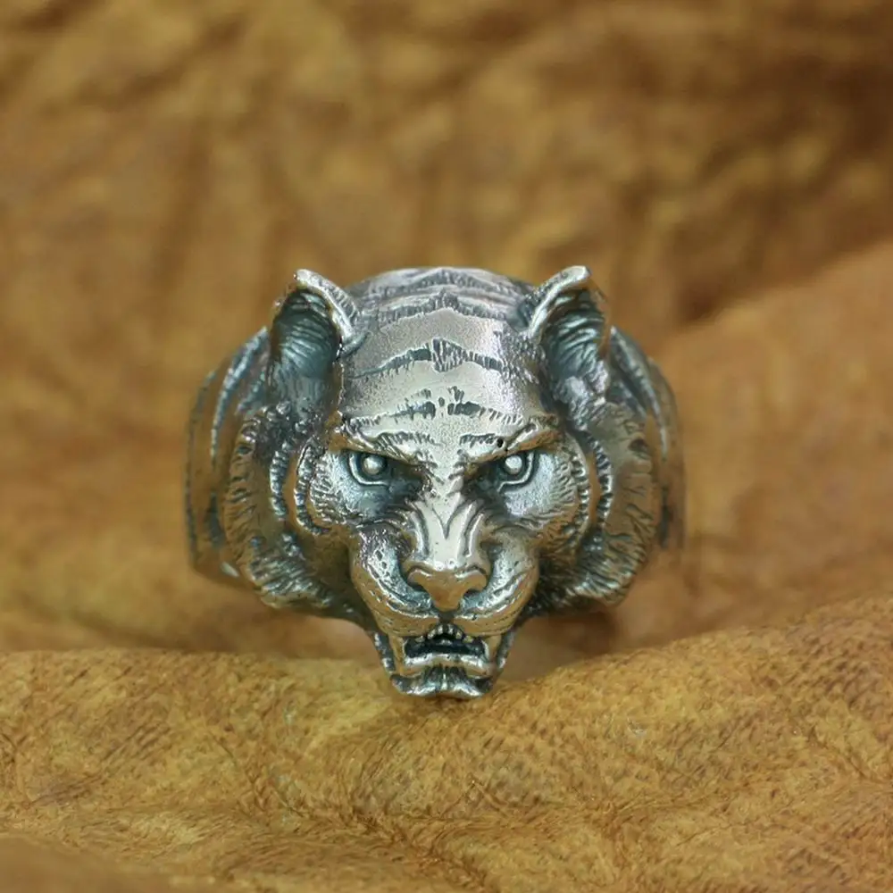 925 Sterling Silver Details Tiger Ring Charms Animal Jewelry TA205 US Size 7~15 BZ